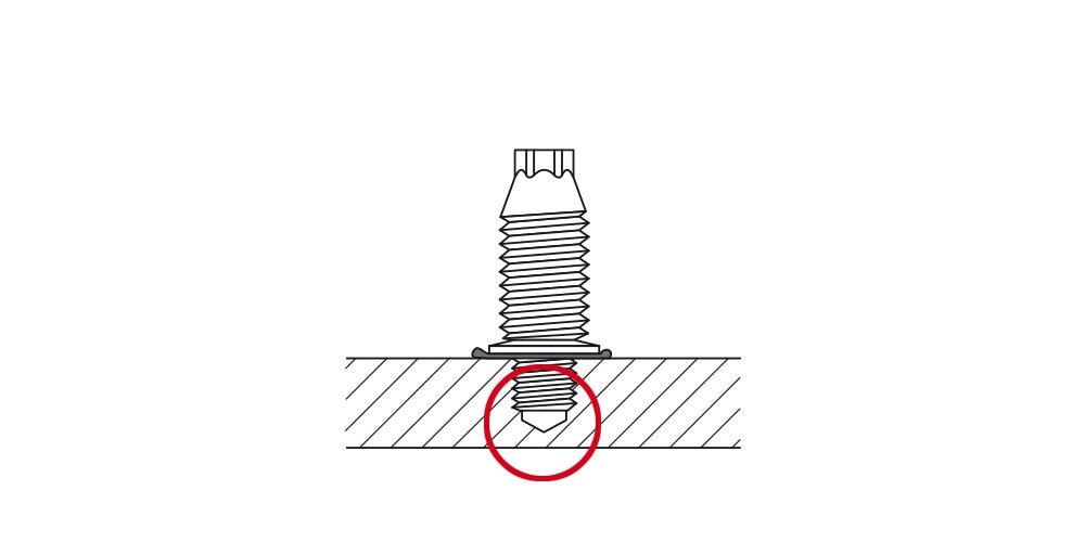 Diagram of a cross-section of steel showing blunt tip screw fastening