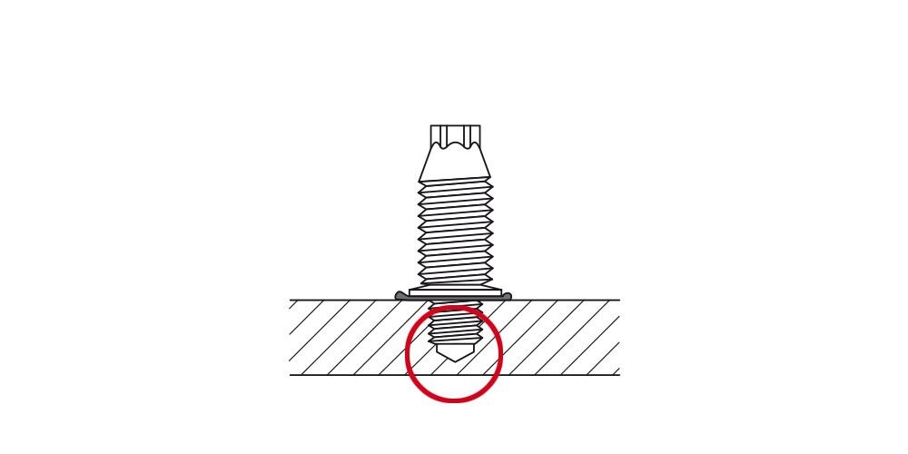 Diagram of a cross-section of steel showing blunt tip screw fastening